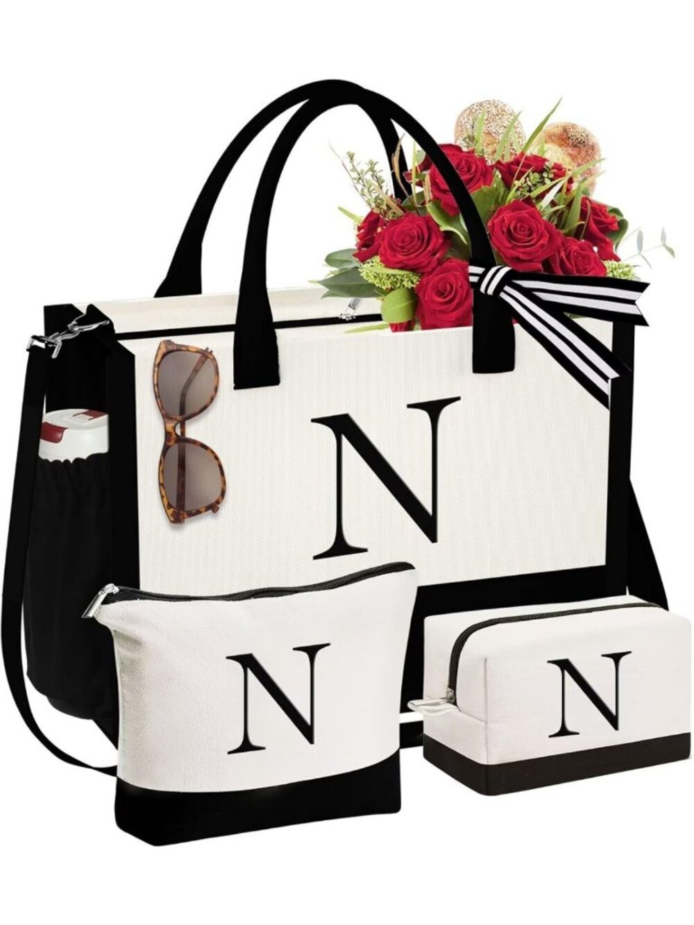 Personalized Initial Canvas Tote & Makeup Bag Set - Perfect Gift for Women
